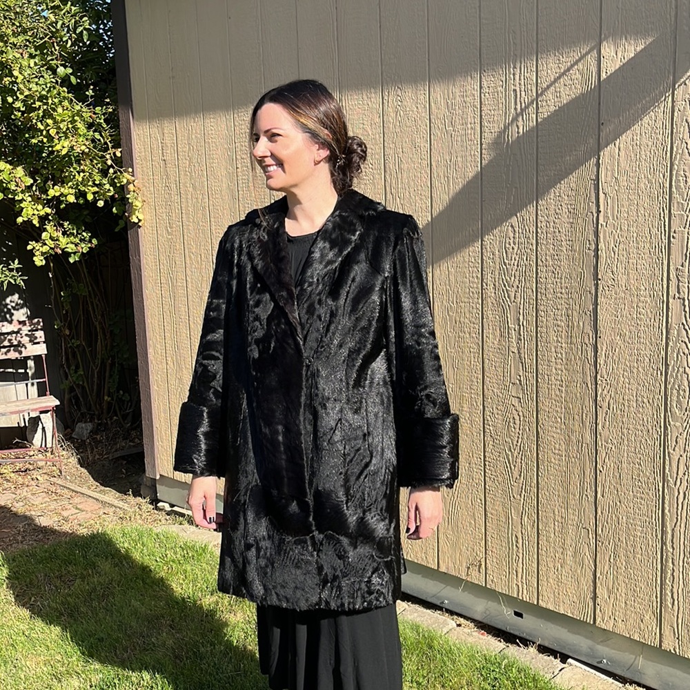 Mid Century Fur Coat Maxi Midi Length Black Cuffed  by Vancouver Fur Co Sz S/M
